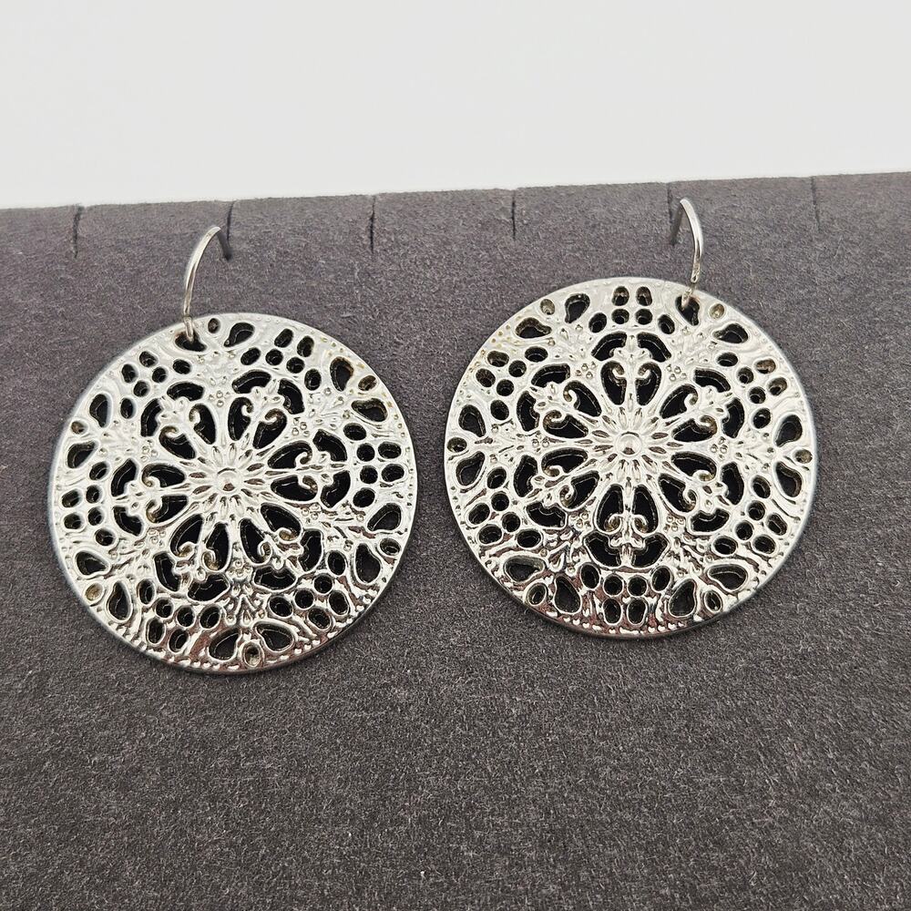 Silver Tone Round Medallion Earrings Statement Dangle Drop Hook Style Boho Artsy